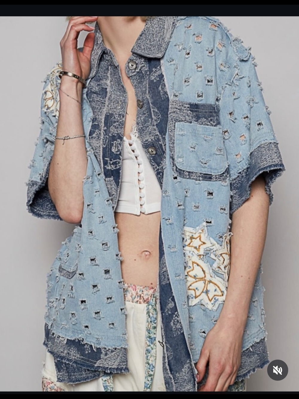 POL Light Blue Distressed Patchwork Denim Jacket - Picture 1 of 9